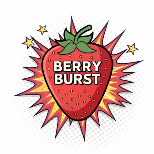 A vibrant berry burst logo isolated on white background featuring a stylized strawberry with the words berry burst and a dynamic burst design with stars cover image.