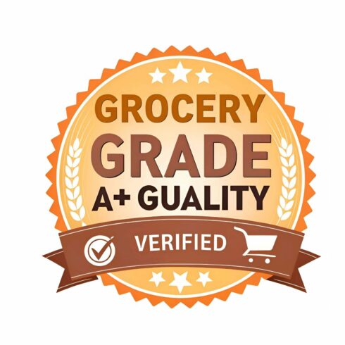 Grocery grade a quality verified seal isolated on white background, featuring stars, wheat, and a shopping cart, indicating high standards and assurance cover image.
