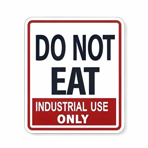 A stark warning sign isolated on white background emphatically stating do not eat in bold black letters, followed by industrial use only in smaller red text cover image.