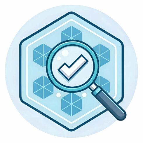 Magnifying glass over a hexagon with a checkmark, symbolizing data validation and verification, isolated on white background cover image.