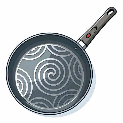 Frying pan with a nonstick surface and a spiral pattern, ideal for cooking various dishes, isolated on white background cover image.