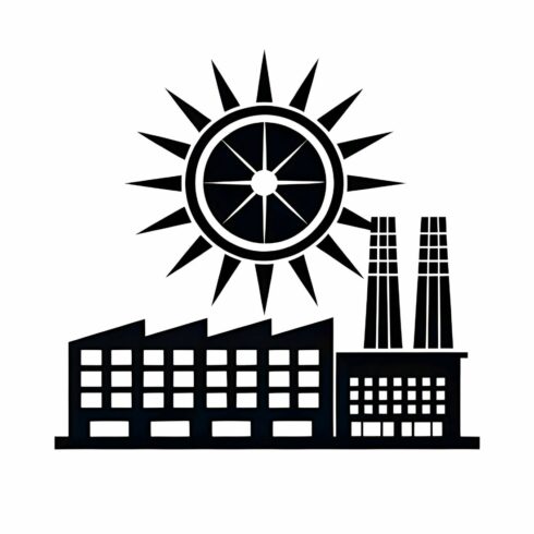 A black and white illustration of a factory with a large sun above it, isolated on white background, symbolizing industry, energy, and environmental concerns cover image.