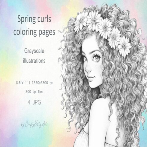 Floral girl with curly hair Spring coloring pages for adults cover image.