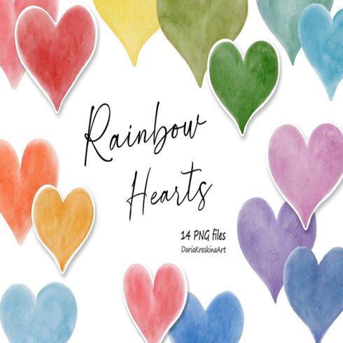 Watercolor Hearts Clipart Multicolor Rainbow color Love PNG cover image.