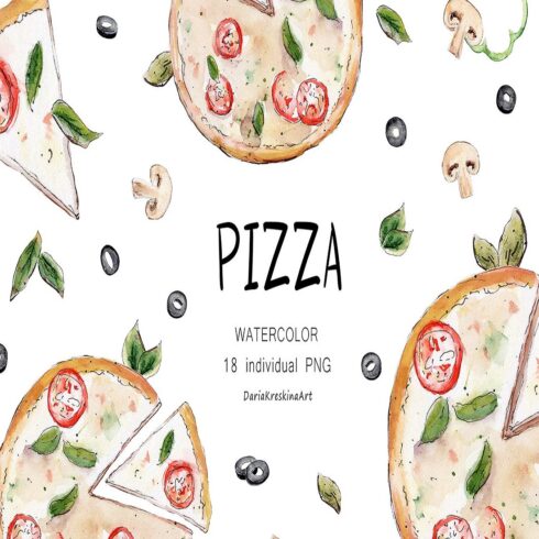 Italian Food Clipart Pizza Party Watercolor, Pizza Slice cover image.