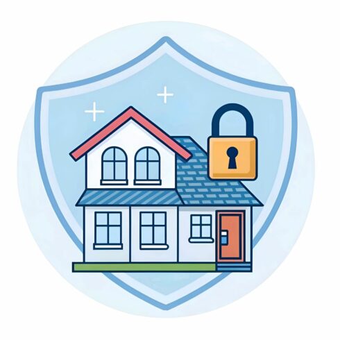 Illustration of a house with a shield and padlock isolated on white background, representing home security, protection, and safety for residential properties cover image.