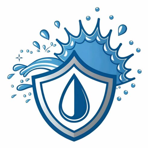 Waterproof shield icon isolated on white background, symbolizing protection and safety with water drop and splash elements, ensuring reliability and security cover image.