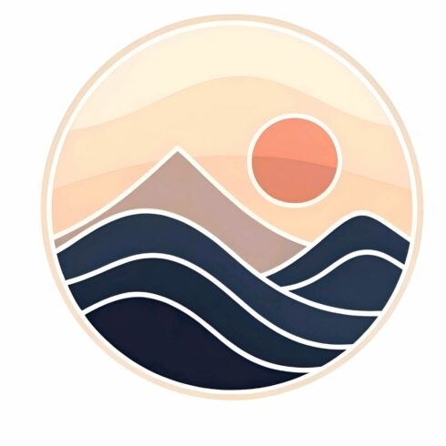 A serene circular illustration isolated on white background, showcasing a minimalist landscape with mountains, a sun, and stylized waves in soft, muted colors cover image.