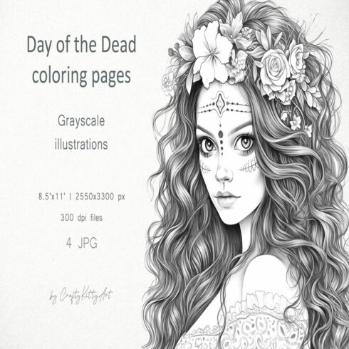 Halloween coloring pages for adults, Day of the Dead Girl cover image.