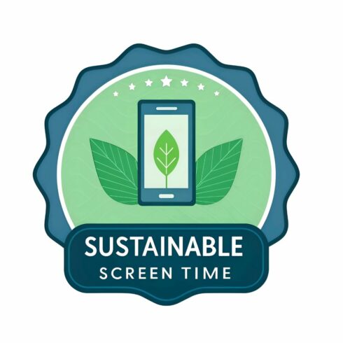 A sustainable screen time badge isolated on white background, featuring a phone with a leaf, promoting mindful technology use for a healthier digital lifestyle cover image.