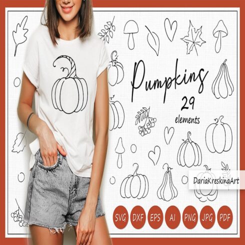 Fall Pumpkin svg bundle hand drawn doodle style black line cover image.
