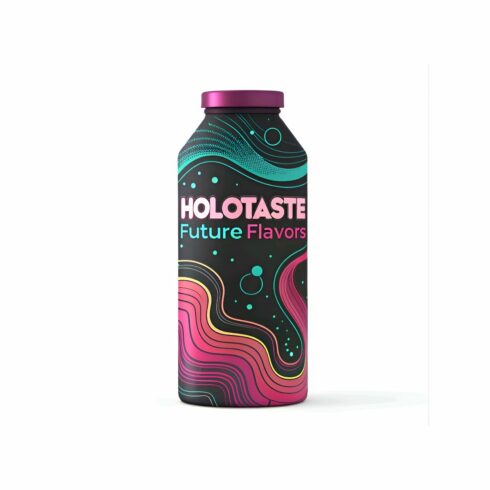 Holotaste future flavors bottle isolated on white background, showcasing a sleek design with vibrant, futuristic patterns, hinting at innovative and exciting taste sensations cover image.