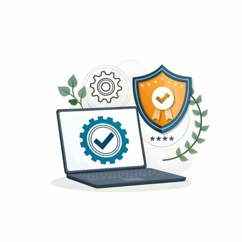 Laptop displaying a gear icon with a checkmark, a shield with a checkmark, and laurel branches isolated on white background cover image.