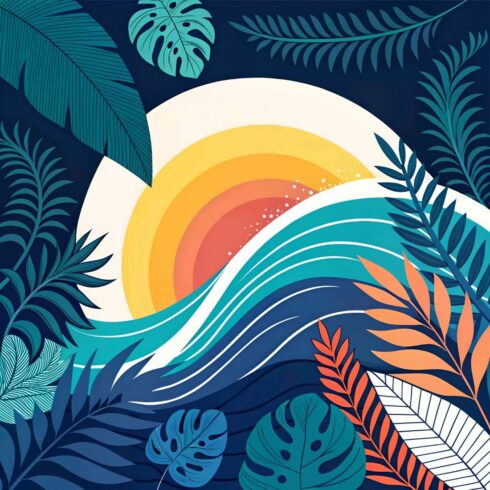 Tropical paradise illustration featuring a vibrant sun setting over ocean waves, surrounded by lush foliage in shades of blue, green, and orange cover image.