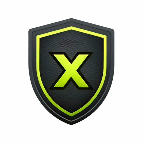 A shield with a letter x, symbolizing protection, security, and defense, isolated on white background it is a modern and minimalist design with a neon green outline cover image.