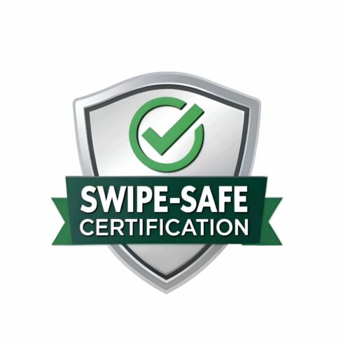 Swipesafe certification badge isolated on white background, signifying a secure and verified transaction process with a green checkmark and silver shield cover image.