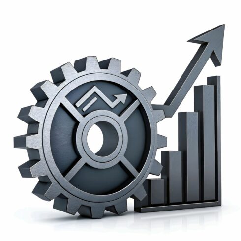 A gear and bar graph, symbolizing progress, growth, and development, isolated on white background it is a modern and minimalist design with a metallic finish cover image.