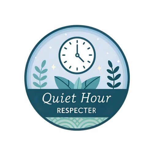 Quiet hour respecter badge isolated on white background, promoting a peaceful and considerate environment with a clock and foliage design, encouraging silence cover image.