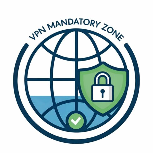 Vpn mandatory zone concept with globe and shield, ensuring secure and private internet connection, protecting data and maintaining online safety and anonymity cover image.