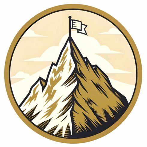 Illustration of a mountain peak with a flag on top, symbolizing achievement, success, and overcoming challenges, isolated on white background cover image.