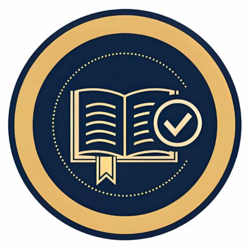 Illustration of an open book with a checkmark, symbolizing knowledge, education, and verification, isolated on white background cover image.