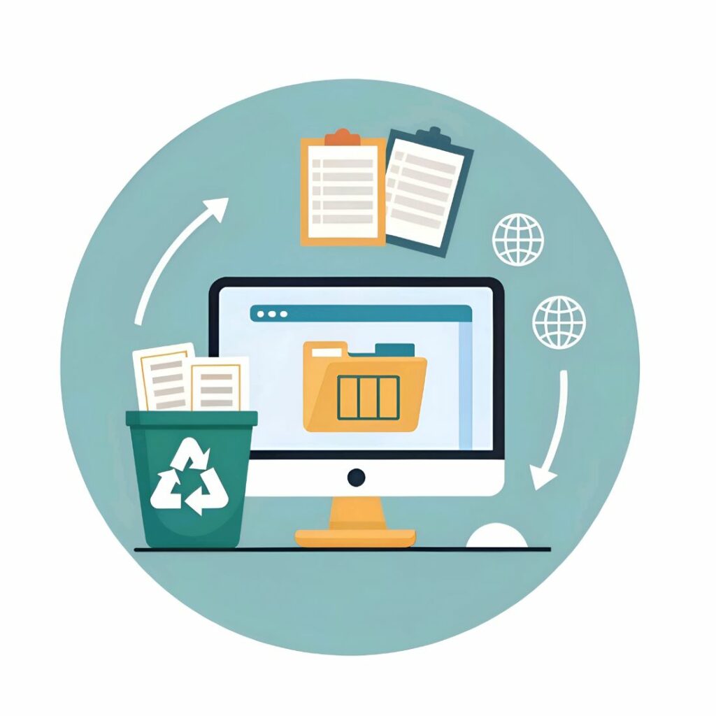 Data management and recycling concept with computer, files, and recycle ...