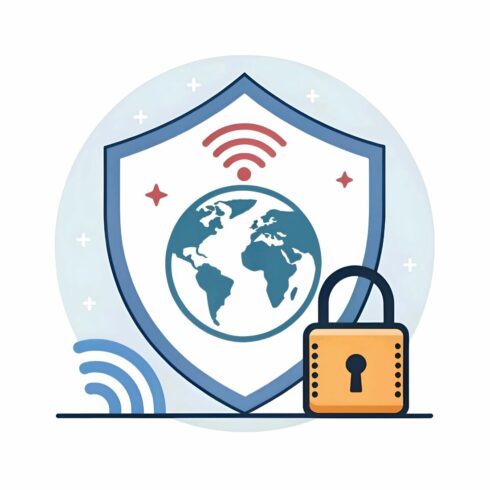 Secure internet connection concept with shield, globe, and padlock, ensuring data protection and privacy, maintaining online safety and preventing cyber threats cover image.