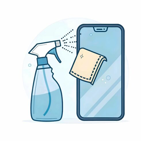 Cleaning smartphone screen with sanitizer spray and cloth isolated on white background maintaining hygiene and preventing germs on mobile devices for health and safety cover image.