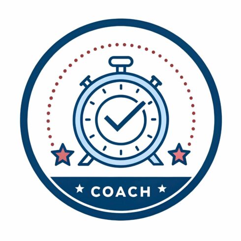 A coach badge isolated on white background featuring a timer with a checkmark inside, stars, and the word coach, all within a blue and red dotted circle cover image.