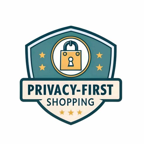 A privacy first shopping badge isolated on white background featuring a shield, padlock, stars, and the text privacyfirst shopping in a teal and yellow color scheme cover image.