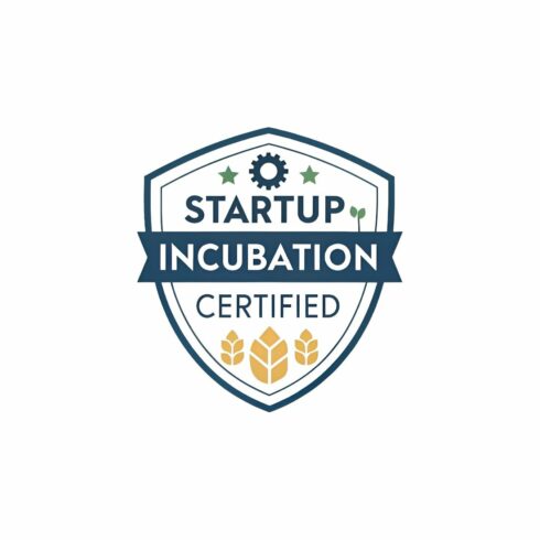 Startup incubation certified badge with stars, gear, and plant isolated on white background, representing business growth and innovation support cover image.