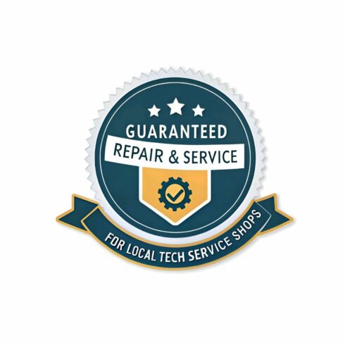Guaranteed repair and service badge for local tech service shops isolated on white background cover image.