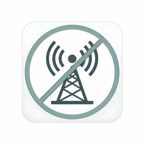 A no signal icon isolated on white background featuring a cell tower with radio waves crossed out, indicating no wireless connection or communication cover image.