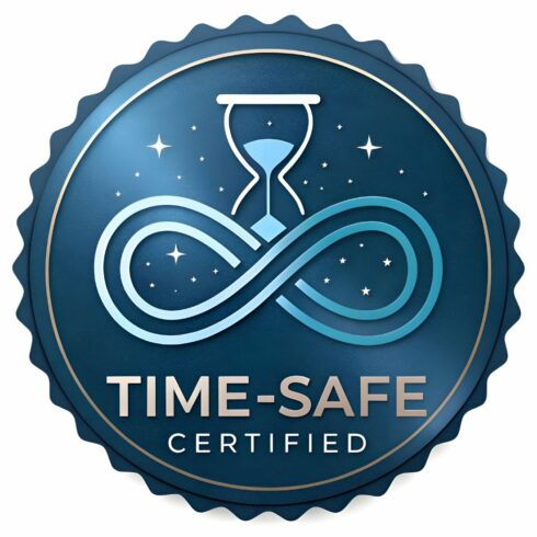 Timesafe certified badge depicting an hourglass intertwined with an infinity symbol, symbolizing the preservation and security of data over an indefinite period cover image.