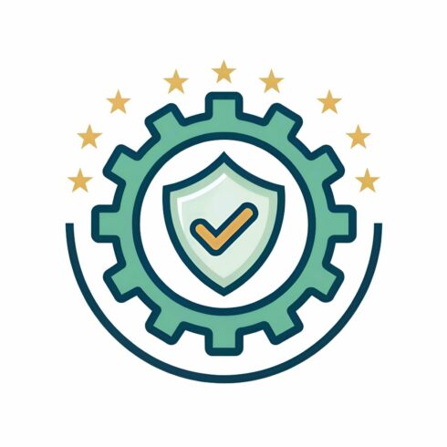 Gear shield icon with checkmark isolated on white background symbolizes security, protection, and reliability represents quality assurance and trust cover image.