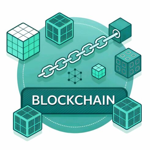 Isometric illustration of blockchain technology featuring interconnected cubes and a chain, representing secure and decentralized data management, isolated on white background cover image.