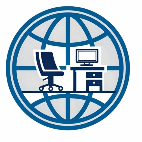 Global remote work concept isolated on white background showcasing a desk, computer, and chair within a globe, symbolizing international collaboration and digital workspaces cover image.
