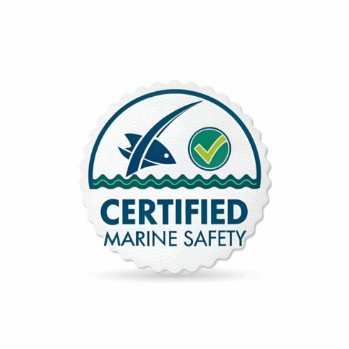 Certified marine safety logo isolated on white background conveys assurance with a checkmark and fish symbol, indicating adherence to safety standards cover image.