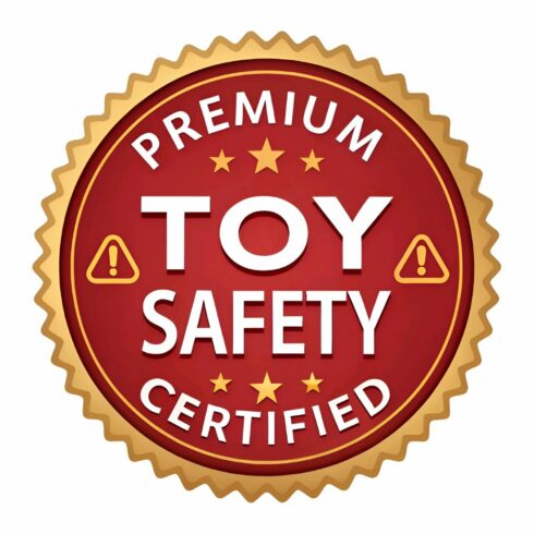 Premium toy safety certified badge isolated on white background, ensuring high standards and compliance for childrens products, guaranteeing safety cover image.