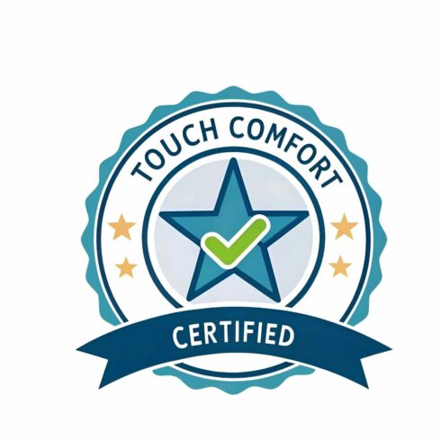Touch comfort certified badge isolated on white background, featuring a star and checkmark, symbolizing quality assurance and user satisfaction in product design and experience cover image.