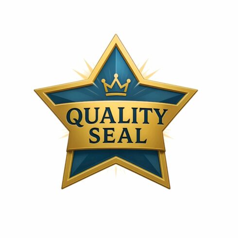 A shiny gold and blue quality seal badge with a crown isolated on white background, indicating high standards and trustworthiness in product or service cover image.