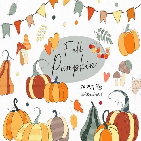 Cute autumn Pumpkin clipart, fall leaves and mushrooms cover image.