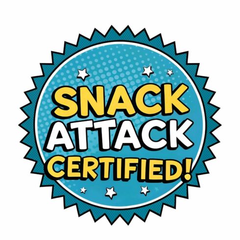 Snack attack certified logo isolated on white background, representing a fun and tasty snacking experience, perfect for satisfying cravings and enjoying treats cover image.