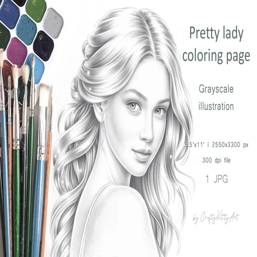 Beautiful lady coloring page, Girl with long hair portrait - MasterBundles
