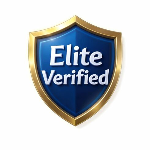 A bold blue and gold elite verified shield isolated on white background, signifying toptier quality and assurance in product or service cover image.
