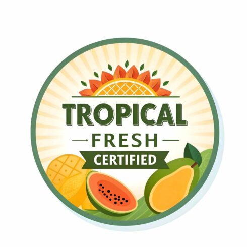 Tropical fresh certified sticker isolated on white background featuring a vibrant assortment of fruits and a radiant sunburst design, symbolizing natural goodness and quality assurance cover image.