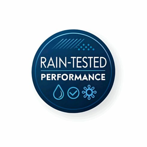 Raintested performance badge isolated on white background represents durability, reliability, and weather resistance in product testing and validation cover image.