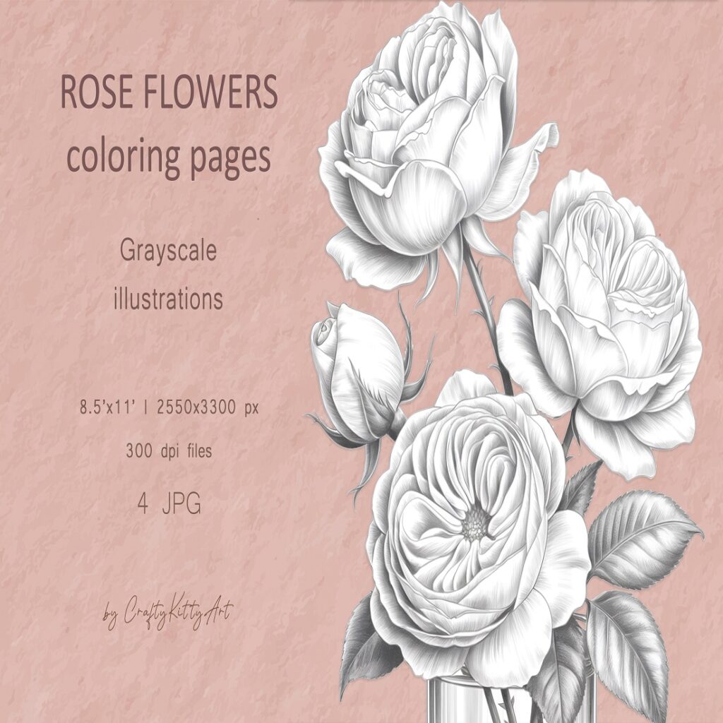Roses coloring pages for adults, Spring garden floral pages - MasterBundles