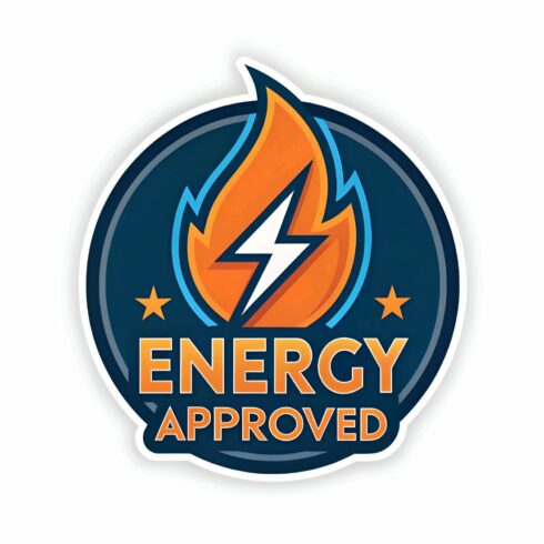Energy approved sticker isolated on white background, featuring a dynamic flame and lightning bolt design, signifying power and efficiency, ensuring compliance and quality assurance cover image.