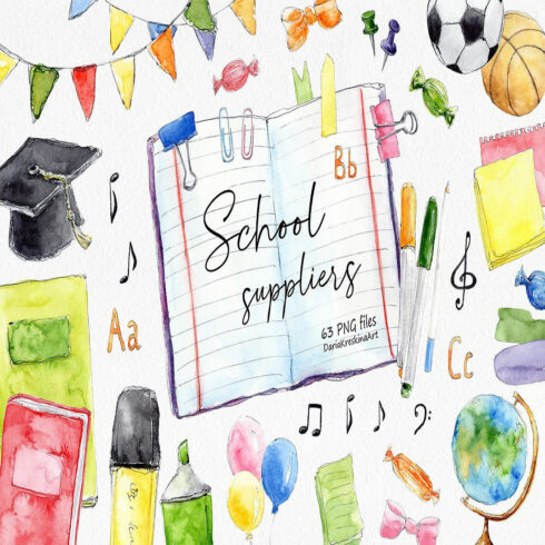 School Supplies clip art png Cute School clipart cover image.